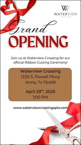 Grand Opening Waterview Crossing Flyer. All information on this flyer is listed above.
