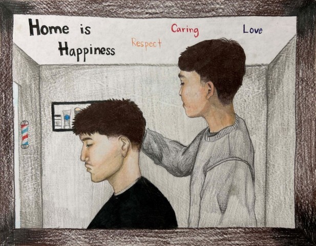 A drawing of a man giving another a haricut with the text Home is Happiness, respect, caring, love.