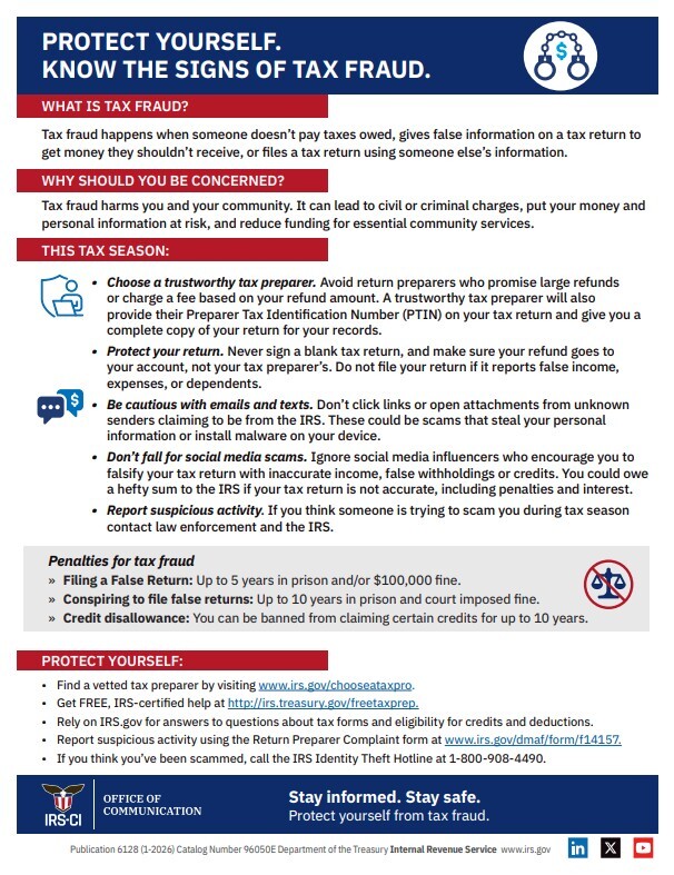 Protect Yourself. Know the Signs of Tax Fraud flyer. All information as listed below.