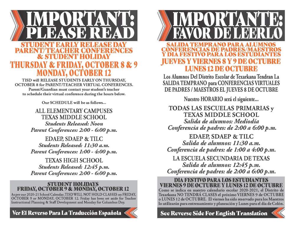 Early Release -Teacher Conference & Student Holiday flyer for web October 8-9 & 12, 2020 - All information listed below