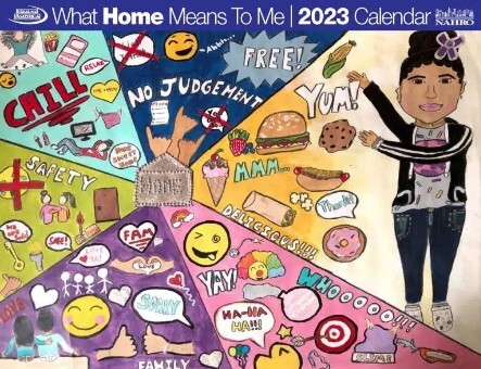 2023 What Home Means to Me Poster Contest Calendar. The calendar features a drawing of a girl surrounded by different cartoon drawings.