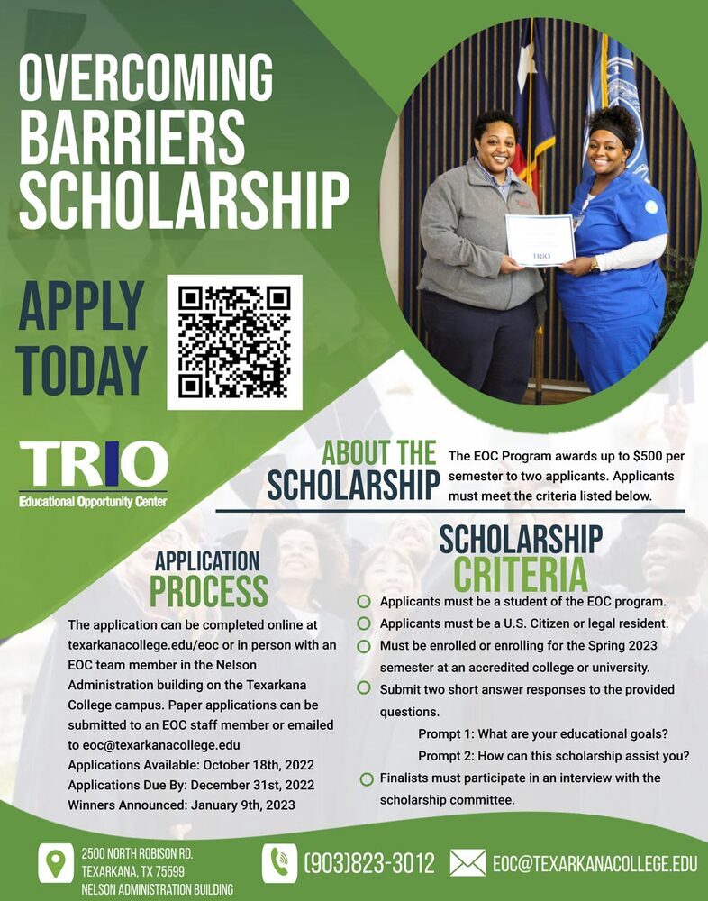 Overcoming Barriers Scholarships Flyer with all information as listed above. 