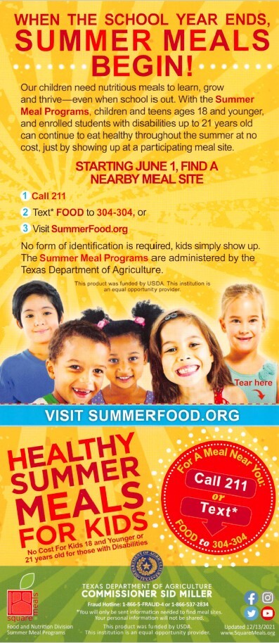 Summer Meals Flyer. All information from this flyer is listed above.