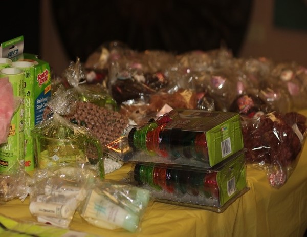 Goody bags spread out on a table