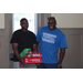 Two men posing with sodas