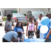 People outside around a table